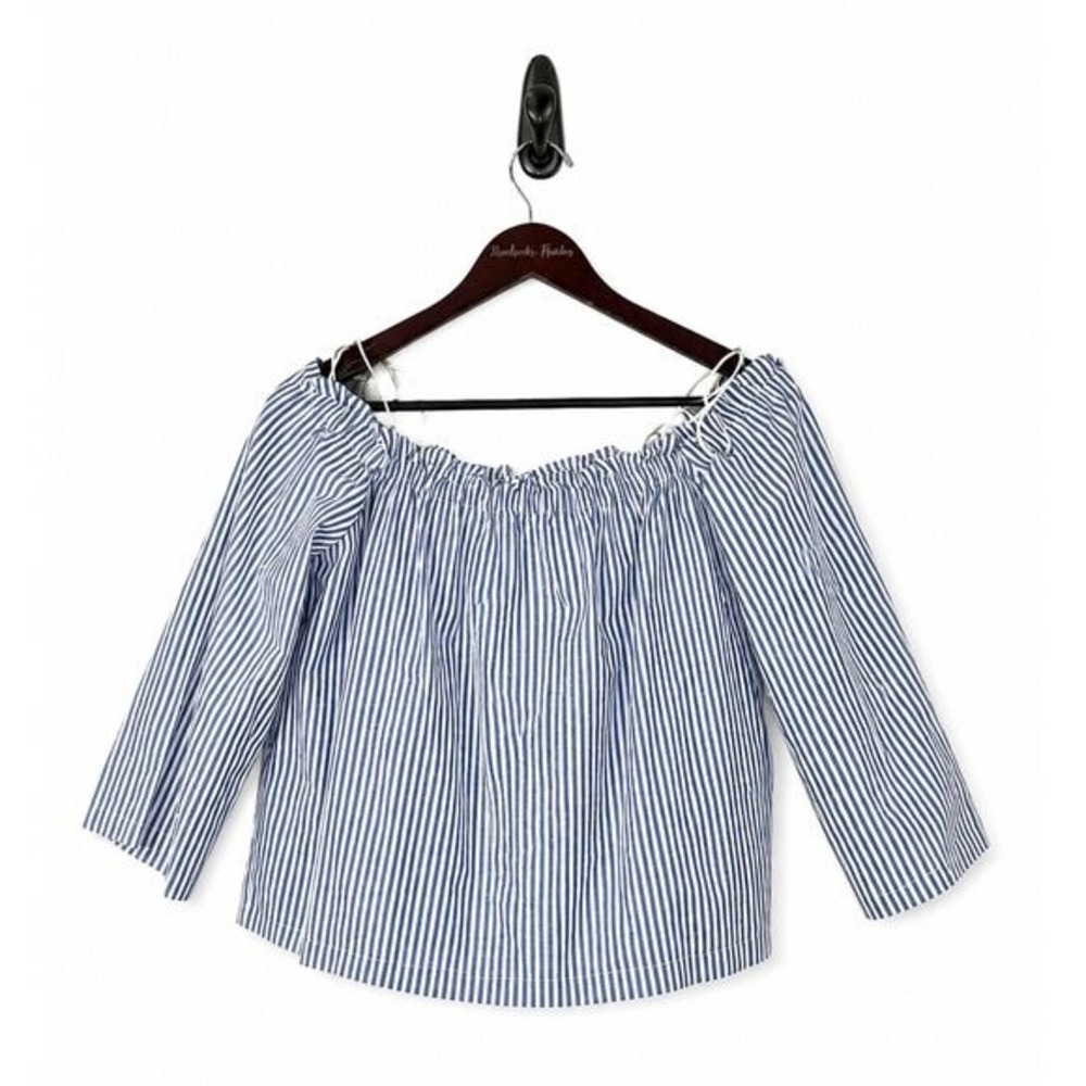 Club Monaco Women M Blue White Off Shoulder Tassel Crop Top Cotton Speckled N3